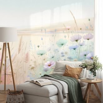 SAMOLEPÍCÍ TAPETA PASTELOVÉ KVĚTY NA LOUCE - WALLPAPERS FLOWERS - WALLPAPERS
