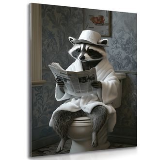 WANDBILD WASCHBÄR MIT EINER ZEITUNG AUF DEM KLO - BILDER TIERE - BILDER