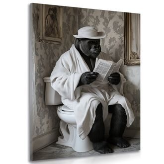 WANDBILD GORILLA MIT EINER ZEITUNG AUF DEM KLO - WANDBILDER AFFEN - BILDER
