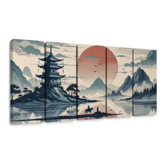 5-DÍLNÝ OBRAZ TICHÝ VEČER V JAPONSKU - OBRAZY VÝCHOD A ZÁPAD SLUNCE - OBRAZY