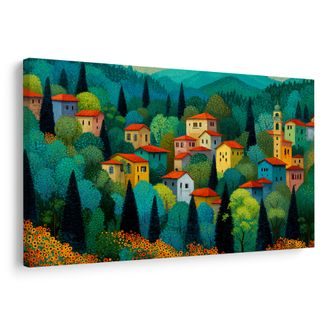 OBRAZ VESNICE V LETNÍM LESE - BAREVNÉ DOMY - OBRAZY