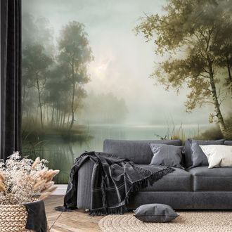 TAPET AUTOADEZIV PEISAJ DE PĂDURE ÎN CEAȚĂ - TAPET COPACI - TAPETURI