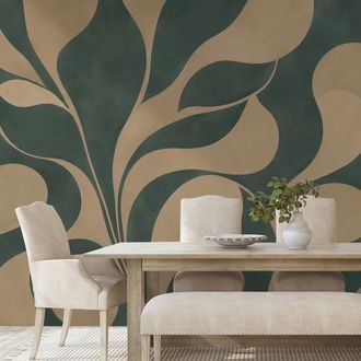 ZELFKLEVEND FOTOBEHANG ABSTRACTE BEIGE BLADEREN IN GROEN - FOTOBEHANG ABSTRACT - FOTOBEHANG