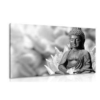 WANDBILD FRIEDLICHER BUDDHA IN SCHWARZ-WEISS - SCHWARZ-WEISSE BILDER - BILDER