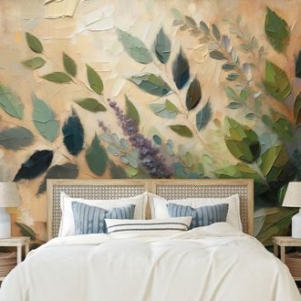 SAMOLEPÍCÍ TAPETA MALÍŘSKÉ ZELENÉ LISTY NA BÉŽOVÉM POZADÍ - TAPETY LISTY - TAPETY