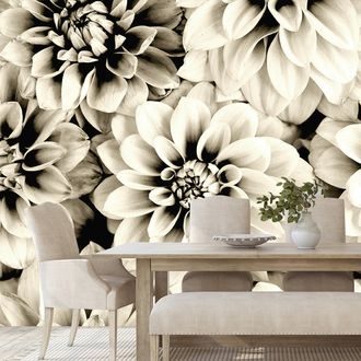 WALL MURAL DAHLIA FLOWERS IN SEPIA DESIGN - BLACK AND WHITE WALLPAPERS - WALLPAPERS