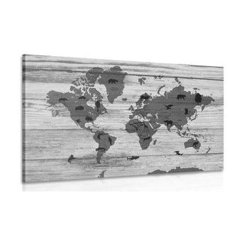 OBRAZ ČERNOBÍLÁ MAPA NA DŘEVĚNÉM PODKLADU - OBRAZY MAPY - OBRAZY