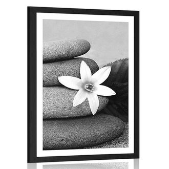 POSTER WITH MOUNT FLOWER AND STONES IN SAND IN BLACK AND WHITE - BLACK AND WHITE - POSTERS