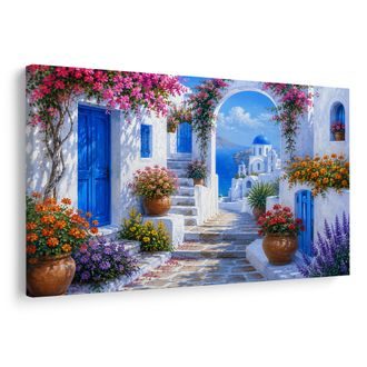 QUADRO SU TELA – VICOLO GRECO CON CUPOLA BLU - QUADRI CITTÀ - STAMPE E QUADRI