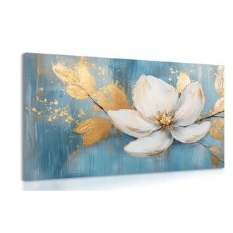 TABLEAU SUR TOILE – FLEUR BLANCHE AUX FEUILLES DORÉES - TABLEAUX - 🔥 VENTE TOTALE