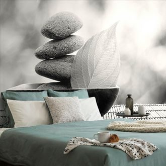SELF ADHESIVE WALL MURAL BLACK AND WHITE STONES AND A LEAF IN A BOWL - SELF-ADHESIVE WALLPAPERS - WALLPAPERS