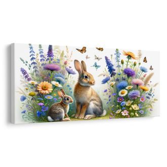 WANDBILD WIESENBLUMEN UND HÄSCHEN ZWISCHEN SCHMETTERLINGEN - KINDERBILDER TIERE - BILDER