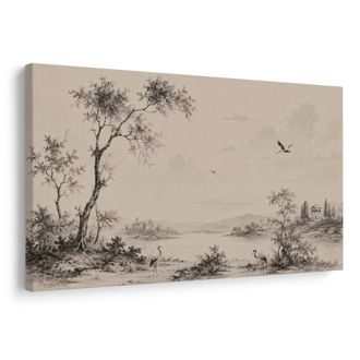 TABLEAU SUR TOILE – PAYSAGE PAISIBLE AUX GRUES - TABLEAUX DE CHAMPS ET PRAIRIES - TABLEAUX