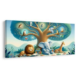 OBRAZ ZVÍŘÁTKA POD STROMEM S KNIHOU - DĚTSKÉ OBRAZY ZVÍŘÁTKA - OBRAZY