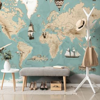 TAPETA MODRO-BÉŽOVÁ KRESLENÁ MAPA S PLAVIDLY - TAPETY MAPY - TAPETY
