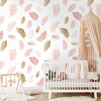 SAMOLEPÍCÍ TAPETA RŮŽOVO-ZLATÉ JEMNÉ PEŘÍČKA - VZOROVANÉ TAPETY - TAPETY