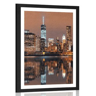 POSTER MIT PASSEPARTOUT SPIEGELUNG VON MANHATTAN IM WASSER - STÄDTE - POSTER