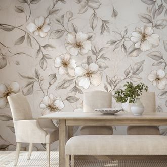 TAPET FLORI ȘI FRUNZE BEJ DELICATE - TAPET FLORI - TAPETURI