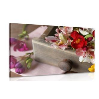 CANVAS PRINT COMPOSITION OF SPRING FLOWERS IN A WOODEN DRAWER - VINTAGE AND RETRO PICTURES - PICTURES
