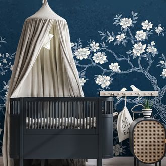 SAMOLEPÍCÍ TAPETA KVĚTINOVÉ VĚTVE NA TMAVĚ MODRÉ - WALLPAPERS WITH IMITATION OF PAINTINGS - WALLPAPERS