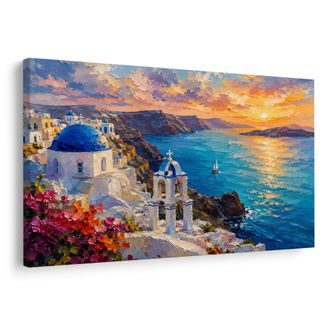 TABLEAU SUR TOILE – CÔTE DE SANTORIN AU COUCHER DU SOLEIL - TABLEAUX LEVER ET COUCHER DE SOLEIL - TABLEAUX