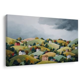 OBRAZ PODZIMNÍ KRAJINA S DOMKY - BAREVNÉ DOMY - OBRAZY