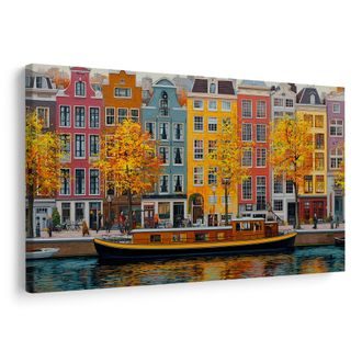 OBRAZ PODZIMNÍ KANÁLY AMSTERDAMU - BAREVNÉ DOMY - OBRAZY