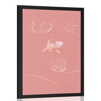 Plakat  kot z kłębkiem i napisem Love