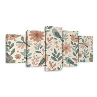 5-DÍLNÝ OBRAZ PTÁČCI MEZI KVĚTINAMI - OBRAZY KVĚTŮ - OBRAZY