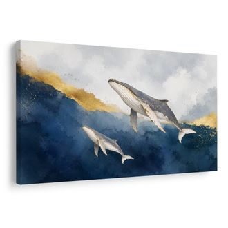 TABLEAU SUR TOILE – BALEINES DANS DES VAGUES DORÉES - TABLEAUX DE BALEINE - TABLEAUX