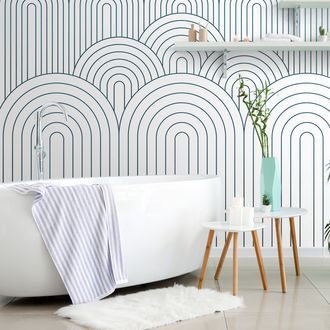 TAPETA BÍLO-MODRÝ VZOR DUHY MID-CENTURY - VZOROVANÉ TAPETY - TAPETY