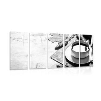 5-DÍLNÝ OBRAZ ŠÁLEK KÁVY V PODZIMNÍM NÁDECHU V ČERNOBÍLÉM PROVEDENÍ - ČERNOBÍLÉ OBRAZY - OBRAZY