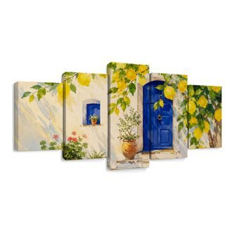 TABLEAU EN 5 PARTIES – CITRONNIER PRÈS D’UNE PORTE BLEUE - TABLEAUX DE LA VILLE - TABLEAUX