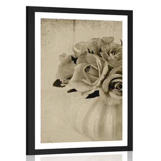 POSTER WITH MOUNT ROSES IN A VASE IN SEPIA DESIGN - BLACK AND WHITE - POSTERS