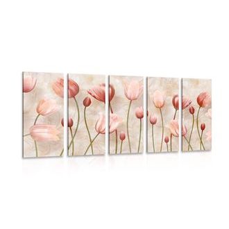 QUADRO IN 5 PARTI TULIPANI ROSA - QUADRI DI FIORI - QUADRI