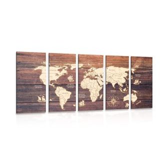 5-PIECE CANVAS PRINT MAP ON WOOD - PICTURES OF MAPS - PICTURES