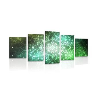 5-DIELNY OBRAZ MANDALA S GALAKTICKÝM POZADÍM V ODTIEŇOCH ZELENEJ - OBRAZY FENG SHUI - OBRAZY
