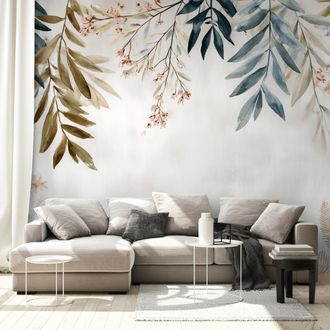 FOTOTAPET AUTOADEZIV FRUNZE ȘI FLORI PASTELATE - TAPET FLORI - TAPETURI