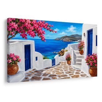 TABLEAU SUR TOILE – RUELLE EN BORD DE MER AUX FLEURS ROSES - TABLEAUX DE LA MER ET DE LA PLAGE - TABLEAUX