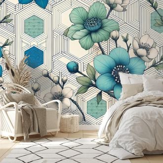 SAMOLEPÍCÍ TAPETA MODRÉ KVĚTY S GEOMETRICKÝM POZADÍM - TAPETY KVĚTINY - TAPETY