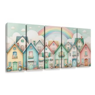 5-DÍLNÝ OBRAZ BAREVNÁ ULIČKA POD DUHOVÝM NEBEM - OBRAZY MĚSTA - OBRAZY