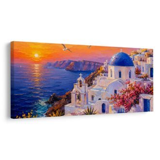 TABLEAU SUR TOILE – MAISONS GRECQUES AU CRÉPUSCULE - TABLEAUX DE LA MER ET DE LA PLAGE - TABLEAUX