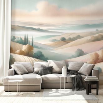 SAMOLEPÍCÍ FOTOTAPETA PASTELOVÁ KRAJINA S JEMNÝMI KOPEČKY - TAPETY POLE A LOUKY - TAPETY