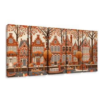 5-DÍLNÝ OBRAZ PODZIM U KANÁLU S HISTORICKÝMI DOMY - OBRAZY MĚSTA - OBRAZY