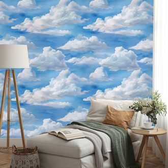 FOTOTAPETA PUSZYSTE BIAŁE CHMURY NA NIEBIESKIM - WZORZYSTA TAPETA - TAPETY