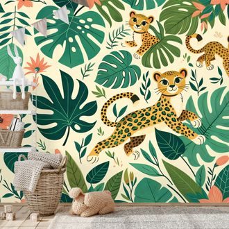 SAMOLEPÍCÍ TAPETA ROZTOMILÉ LEOPARDÍ MLÁĎATA V DŽUNGLI - DĚTSKÉ TAPETY - TAPETY