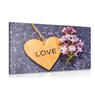 CANVAS PRINT WOODEN HEART WITH AN INSCRIPTION: LOVE - PICTURES WITH INSCRIPTIONS AND QUOTES - PICTURES