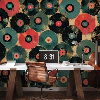 TAPETE RETRO SCHALLPLATTEN IN FARBEN - MUSIK FOTOTAPETEN - TAPETEN