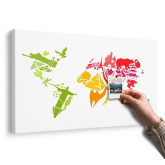 OBRAZ NA KORKU MAPA SVĚTA SE SYMBOLY JEDNOTLIVÝCH KONTINENTŮ - OBRAZY NA KORKU - OBRAZY