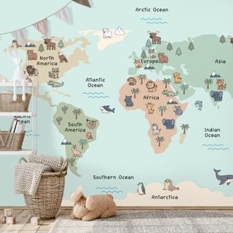 FOTOTAPETA DĚTSKÁ MAPA SVĚTA SE ZVÍŘATY - DĚTSKÉ TAPETY - TAPETY